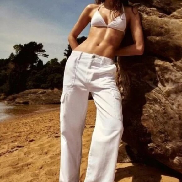 Zara Denim - ZARA White Straight Leg Cargo Pants High Waist Cotton Size 6 NWT